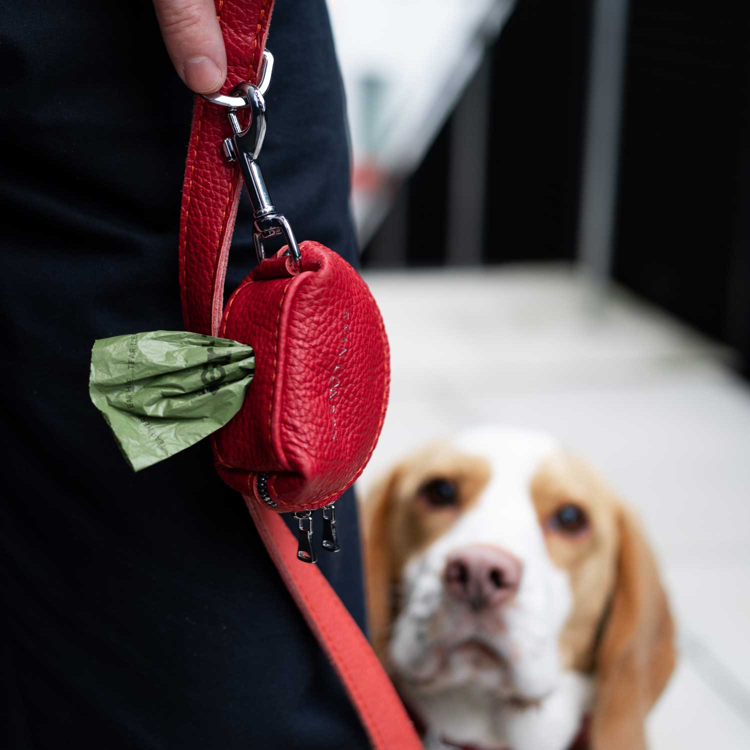 Leather Dog Poop Bag Holder Red and Coral RYAN London